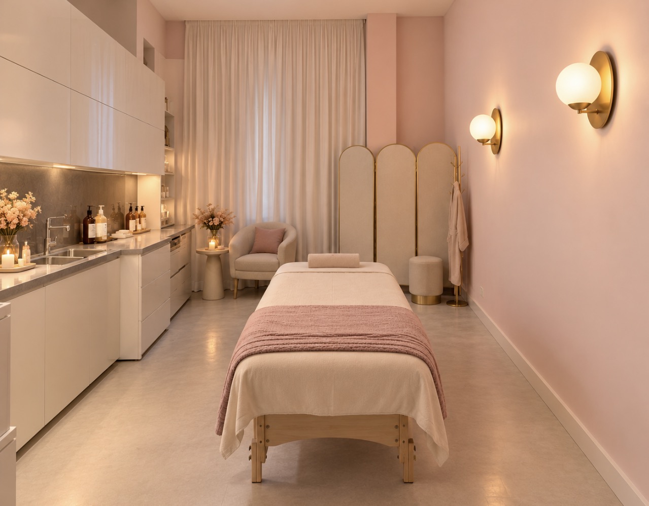 Ambiance douce et lumineuse d'une cabine de soins dans des tons roses et ivoire