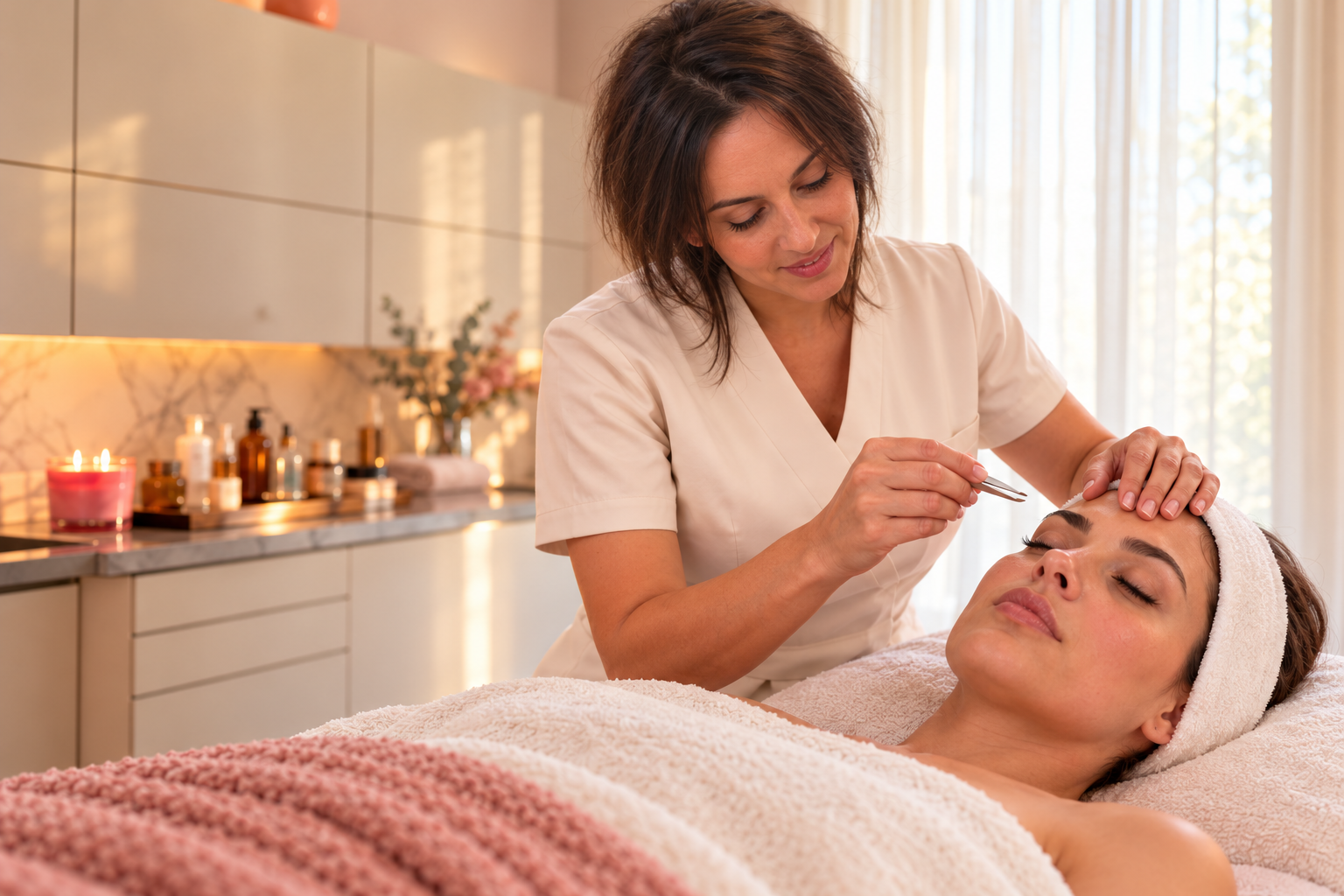 Illustration d'une épilation de précision des sourcils à la pince dans une cabine de soins