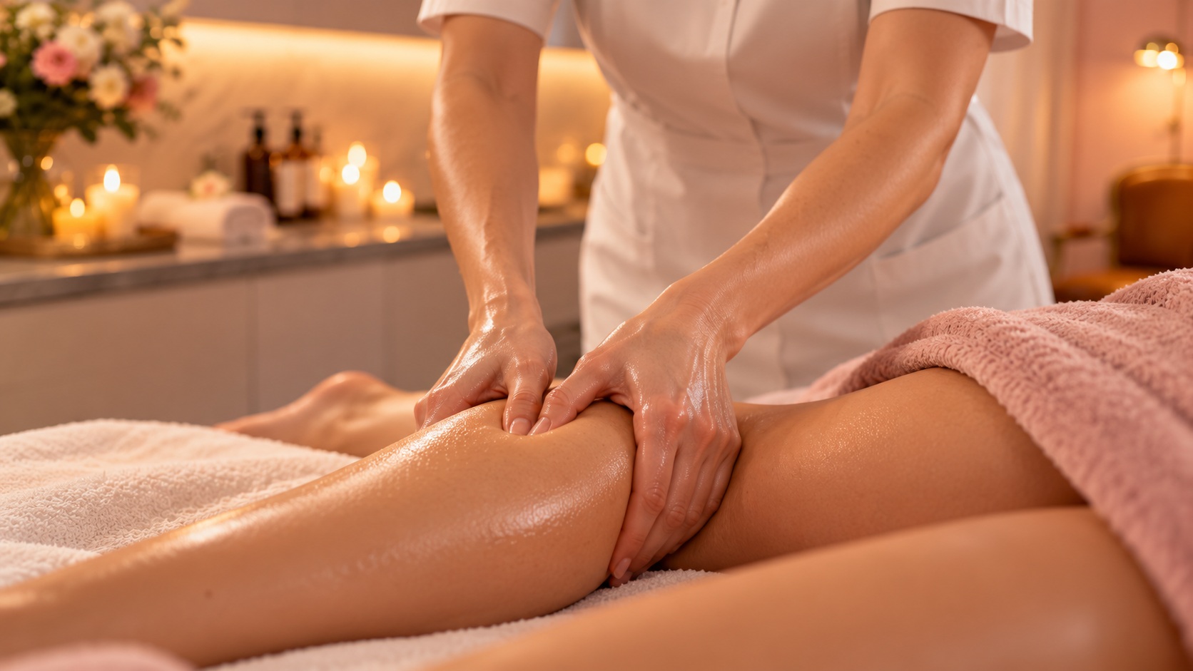 Massage esthétique des jambes dans une ambiance chaleureuse et apaisante