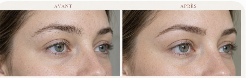 Comparaison avant et après de la même ligne de sourcils, vue de trois quarts